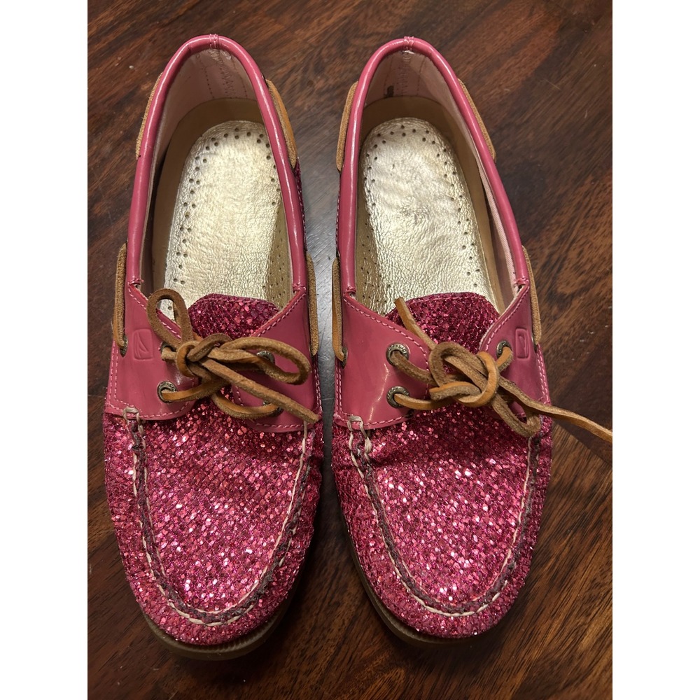 Sperry Boat Shoes Pink Glitter‎ Patent Trim Authentic Original Womens 7.5M